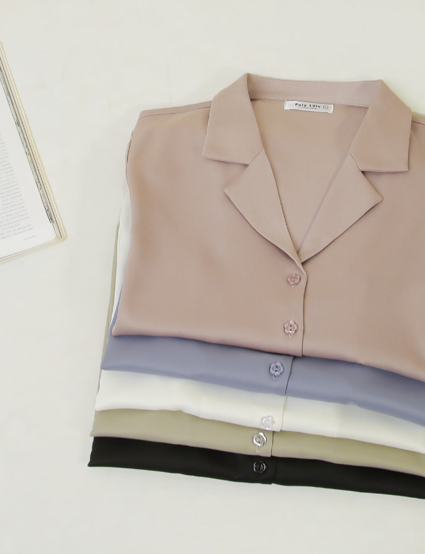 MISS. Glossy Satin Cuban Collar Plus Size Shirt With Floral Buttons