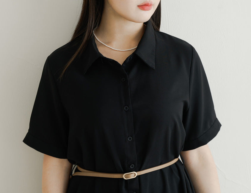 MISS. Button Twill Collar Plus Size Short Sleeve Dress (with Belt)