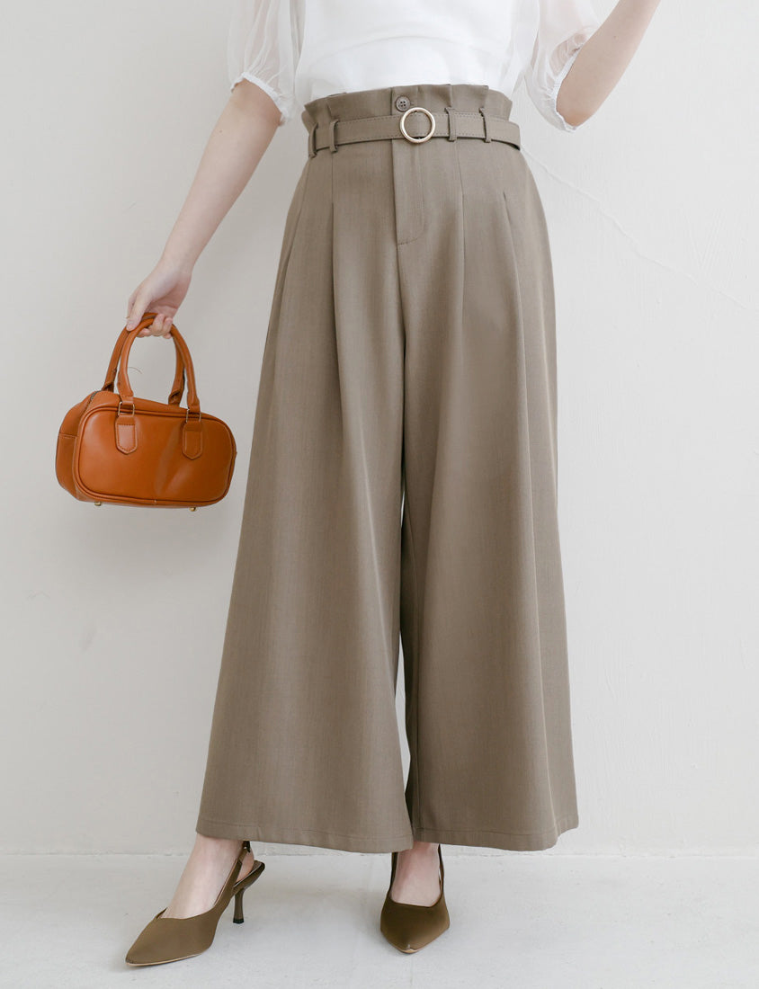MISS. High-Waisted Bubble Hem Wrinkle-Free Belted Plus Size Wide-Leg Pants