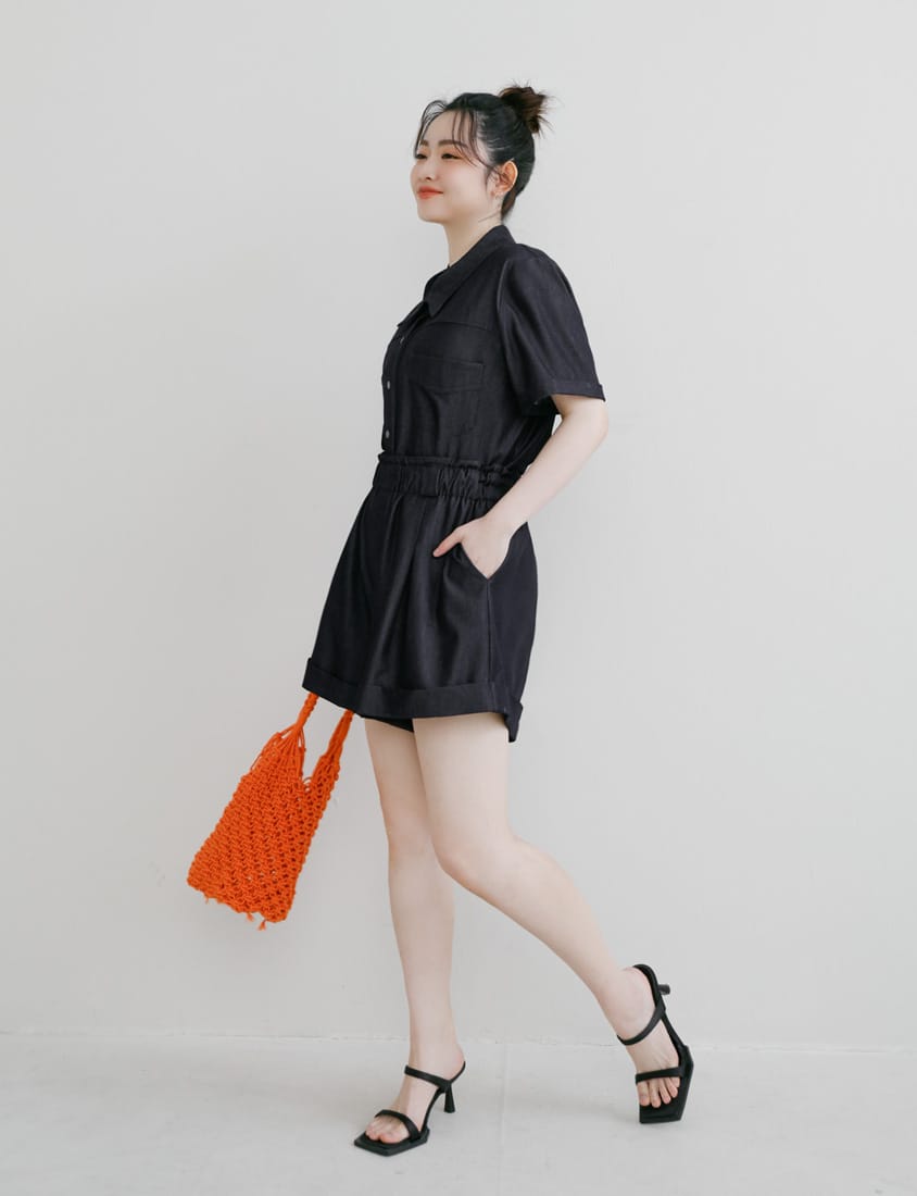 Korean-Style Faux Denim Cuffed Plus Size Short Sleeve Shirt