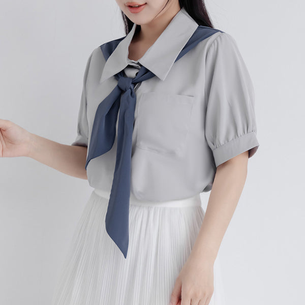 MISS. Faux Two-Piece Color-Block Bow Puff Sleeve Plus Size Blouse