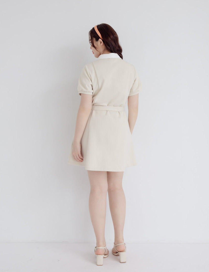 Color-Block Polo Collar Plus Size Mini Dress (With Belt)