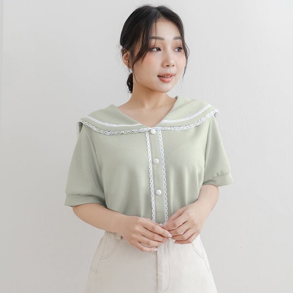 Space Cotton Sailor Collar Plus Size Lace Top