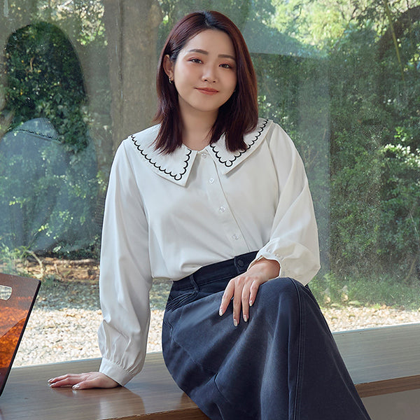 Contrast Embroidered Oversized Collar Plus Size Long Sleeve Shirt