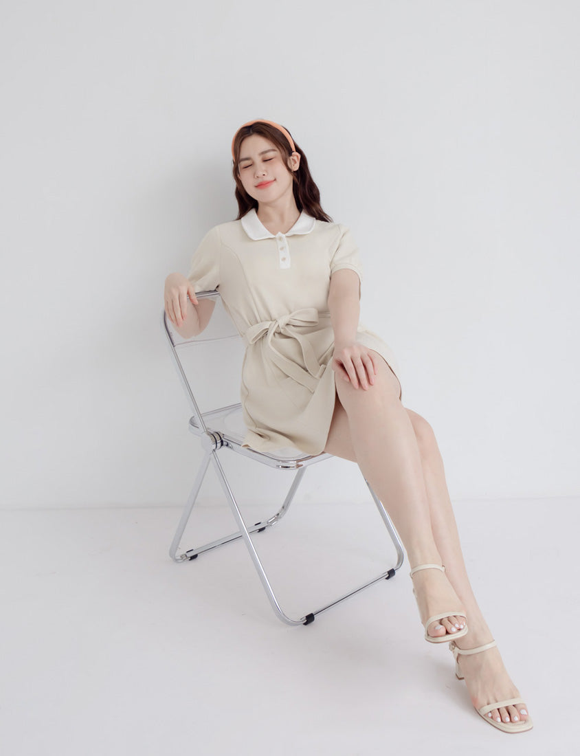 Color-Block Polo Collar Plus Size Mini Dress (With Belt)
