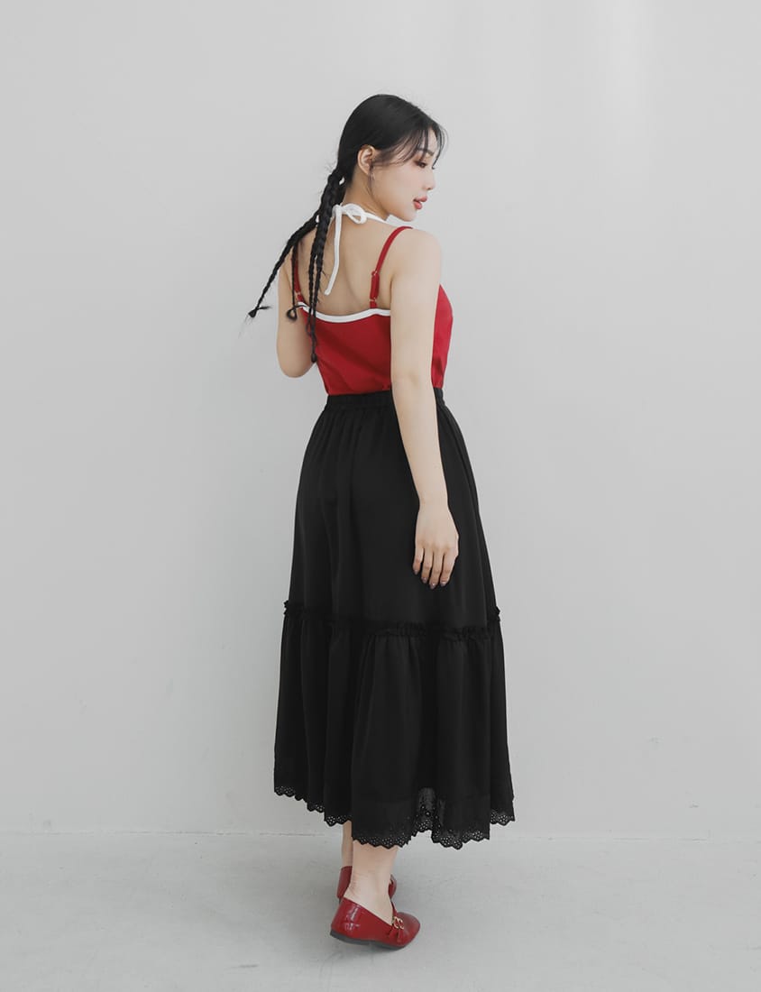 Korean Style Flowy Lace Trim Tiered Plus Size Maxi Skirt