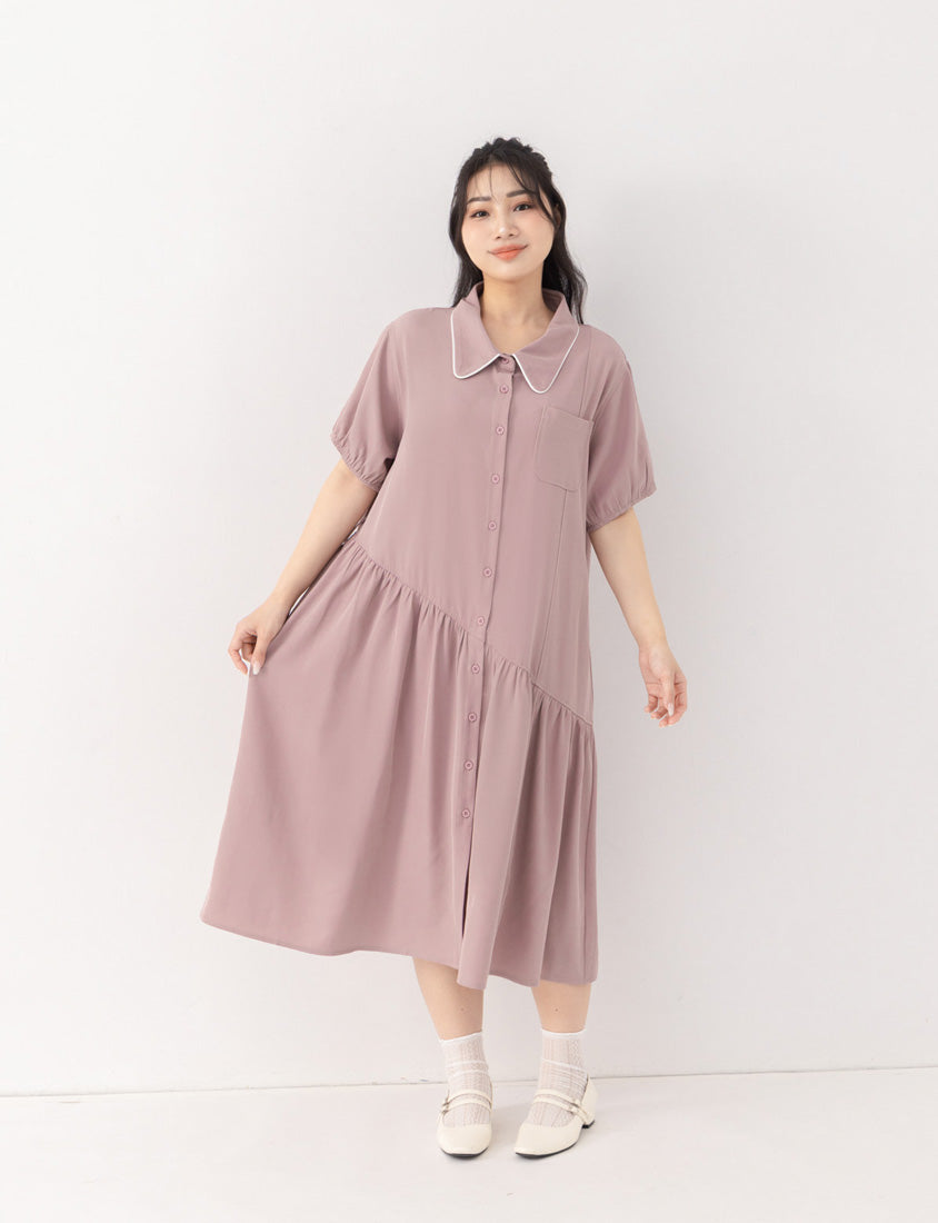 Color-Trimmed Plus Size Puff Sleeve Maxi Dress (With Waist Tie)