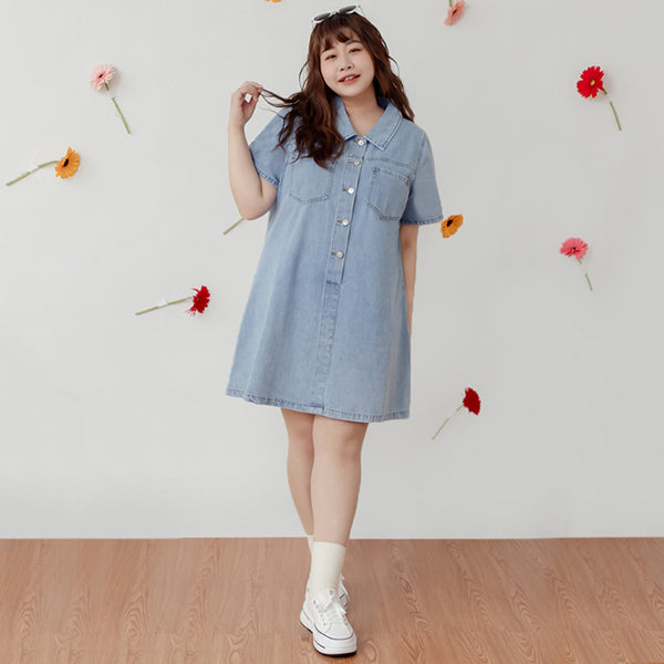 Versatile A-Line Denim Plus Size Shirt Dress