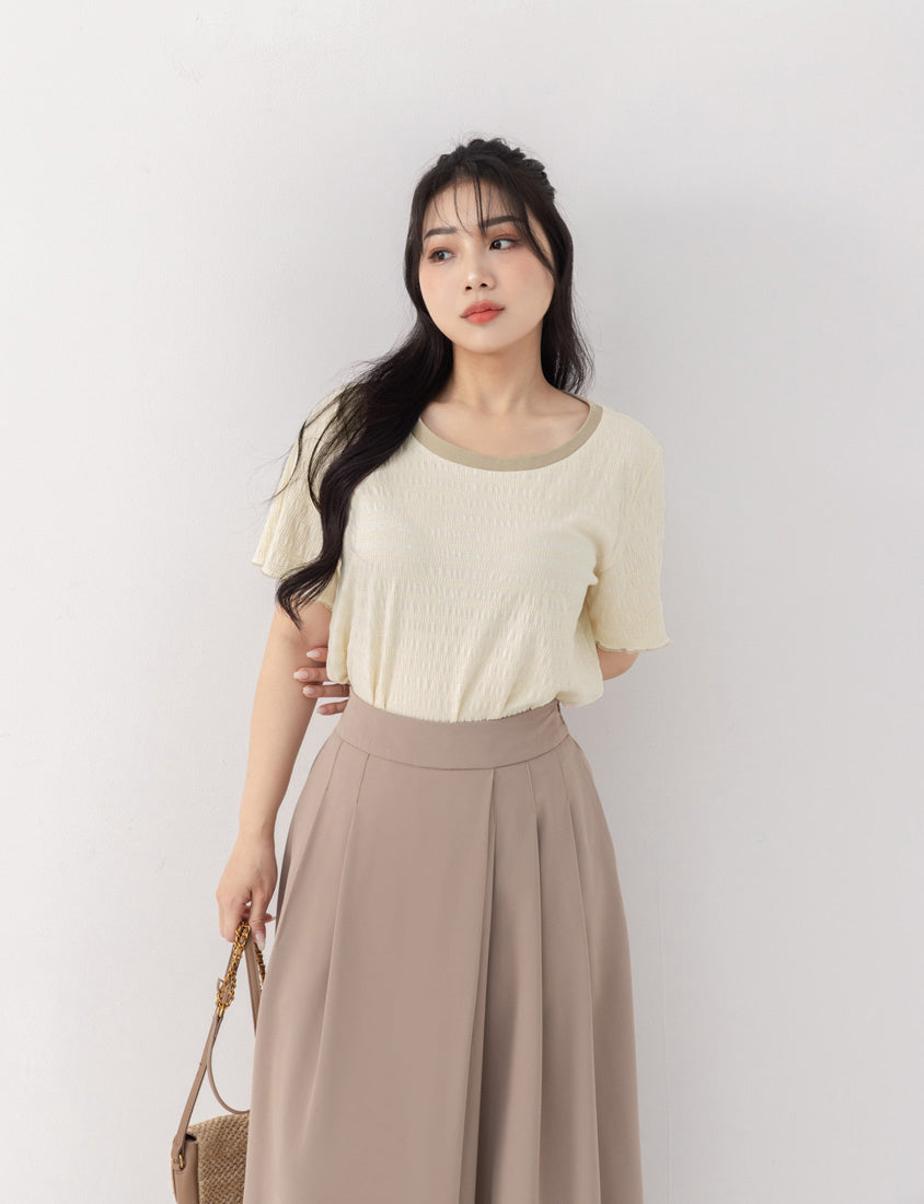 Multicolor Crew Neck Color-Block Crinkled Plus Size Short Sleeve Top