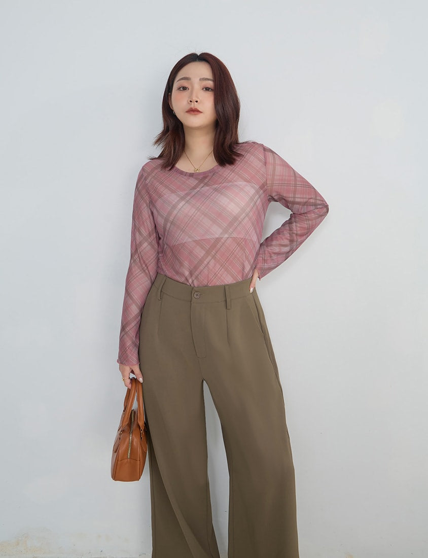 MISS. Vintage Sheer Checkered Plus Size Long Sleeve Top