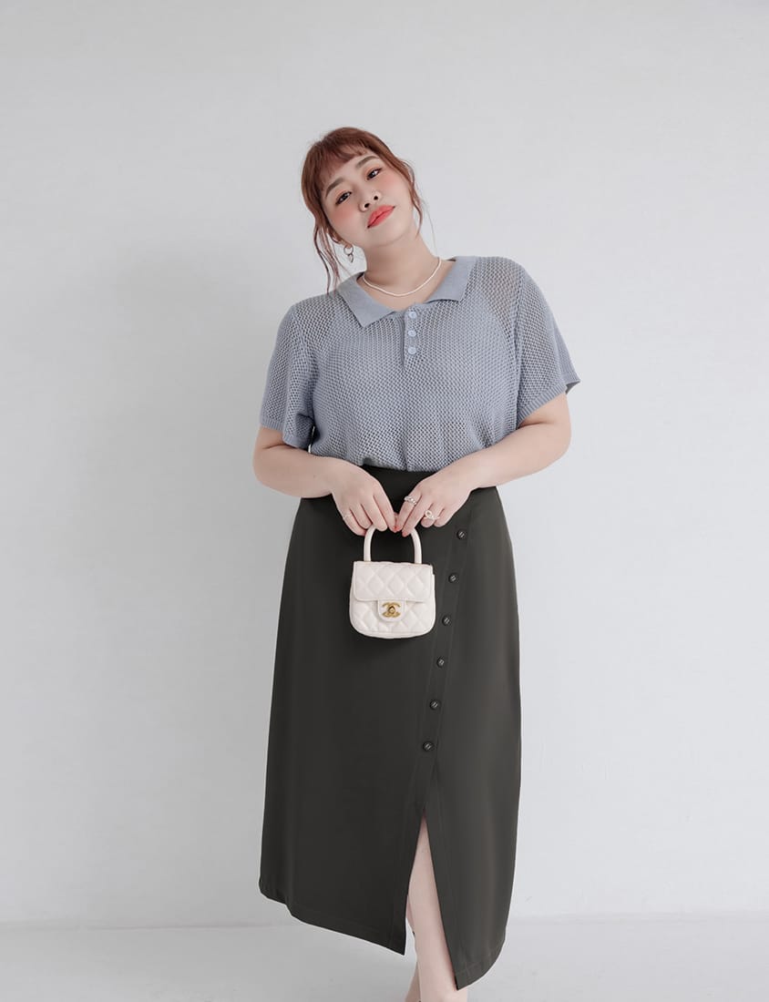 MISS. Korean Style Asymmetrical Button Slit Elastic Waist Plus Size Maxi Skirt