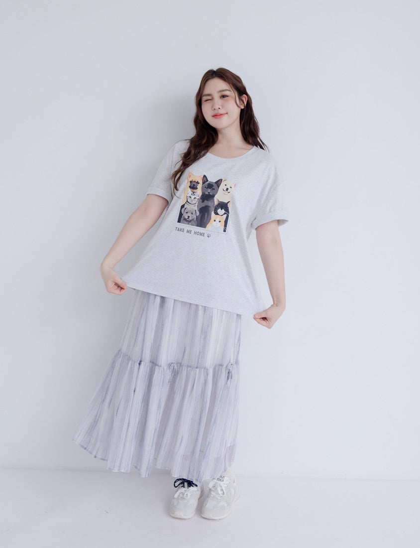 Kitty and Puppy Print Crew Neck Short Sleeve T-shirt