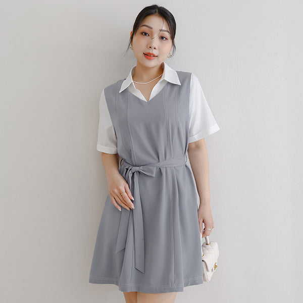 MISS. Faux Two-Piece Color-Block Stitching Plus Size Mini Dress (With Belt)