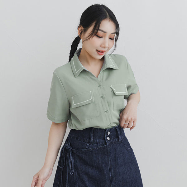 Color-Block Embroidered Pocket Plus-Size Short Sleeve Shirt
