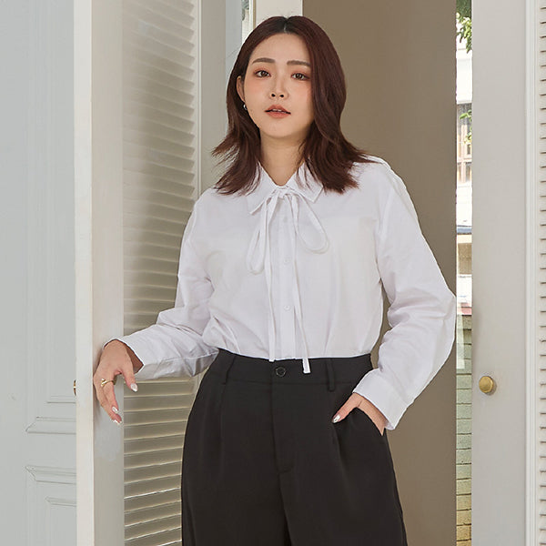 MISS. Korean Oxford Longline Plus Size Shirt (with Waist Tie)