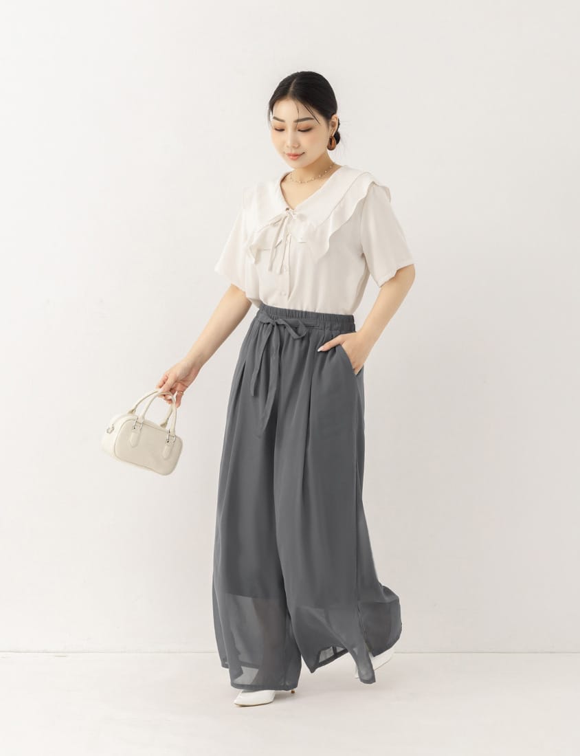 MISS. Heart Buttons Front Tie Ruffle Collar Plus Size Blouse