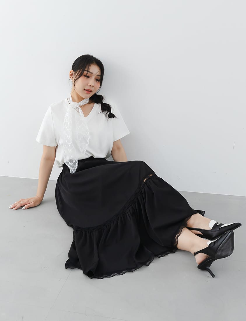 MISS. Cooling V-Neck Lace Plus Size Embroidered Tee (with Scarf)