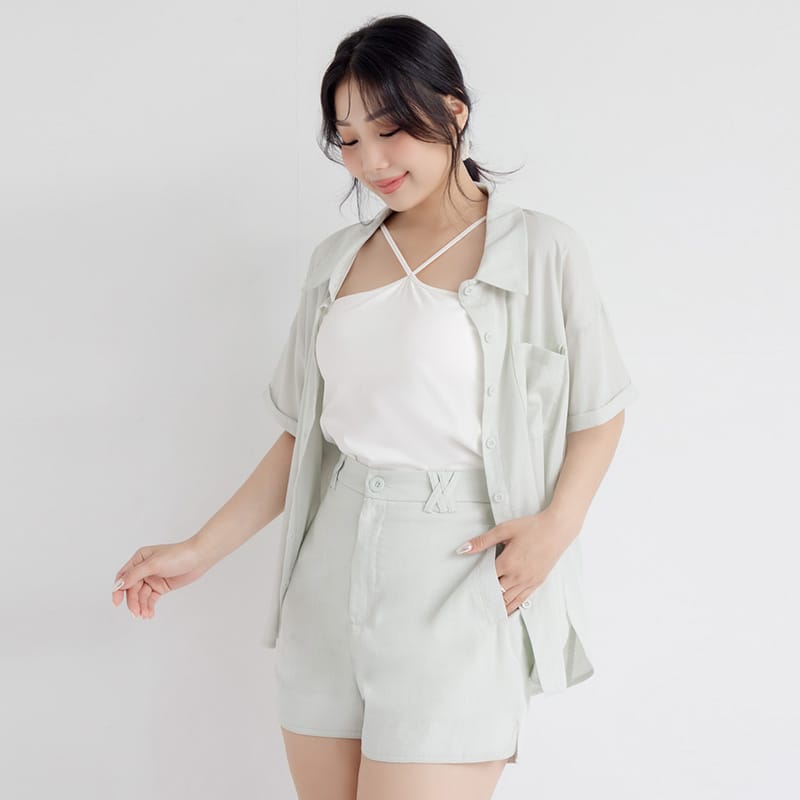 Airy Silky Linen Short Sleeve Plus Size Shirt (With Tie Belt)