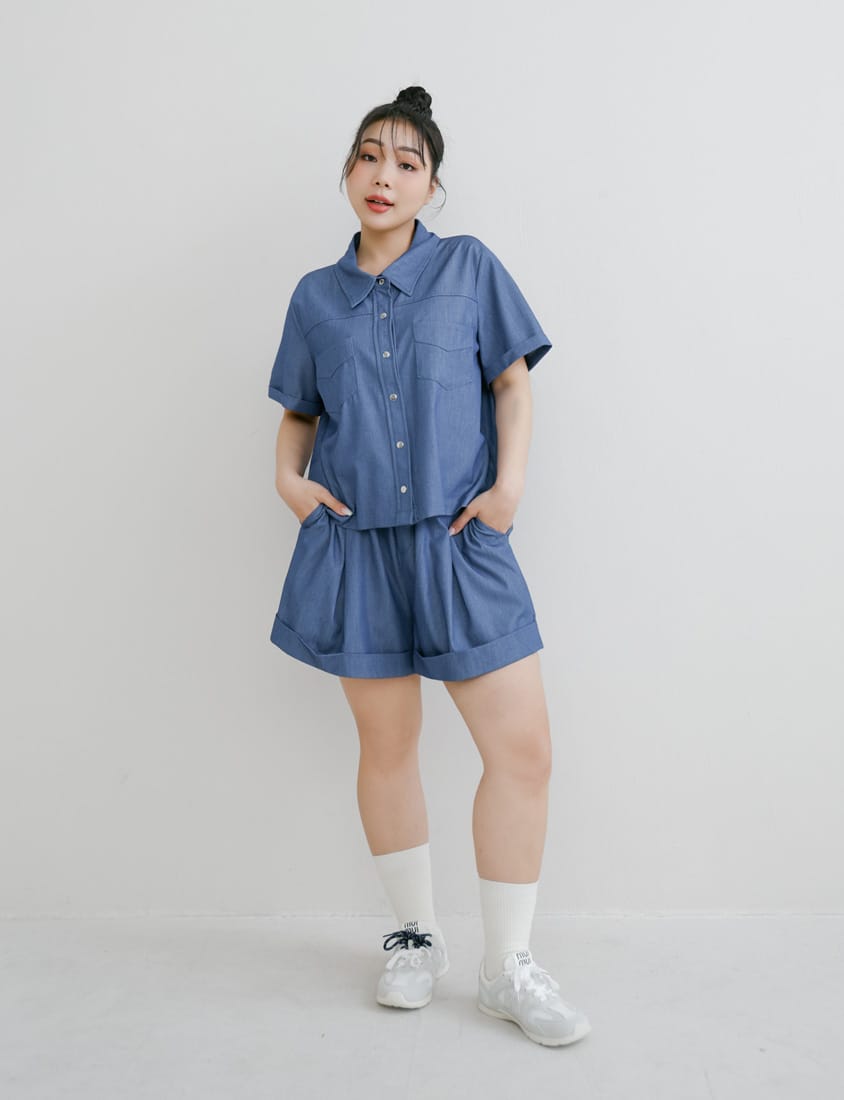 Korean-Style Faux Denim Cuffed Plus Size Short Sleeve Shirt