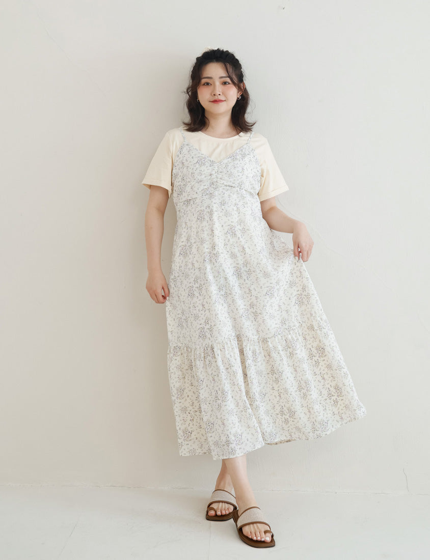 Ruched Floral Flared Hem Plus Size Cami Strap Dress