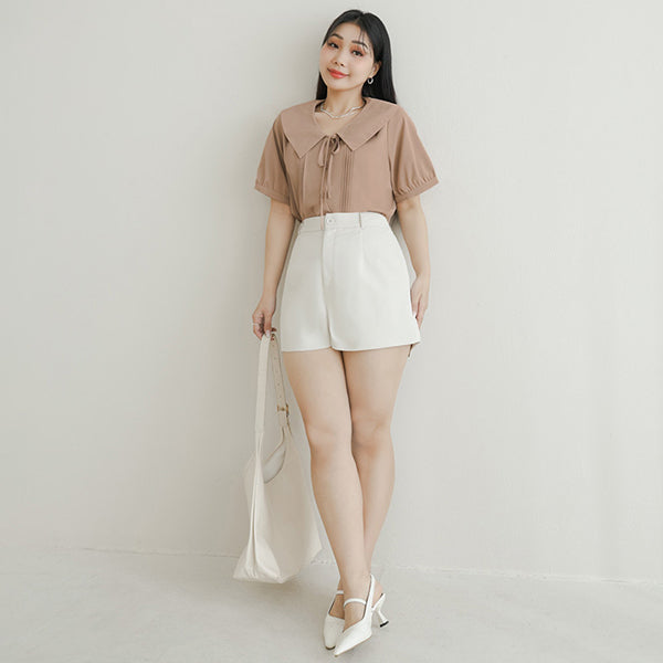MISS. Sweet Pleated Lapel Collar Plus Size Puff Sleeve Blouse