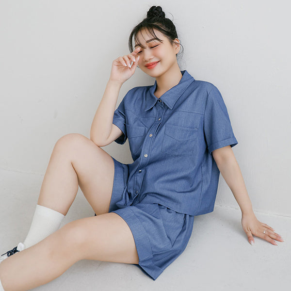 Korean-Style Faux Denim Cuffed Plus Size Short Sleeve Shirt