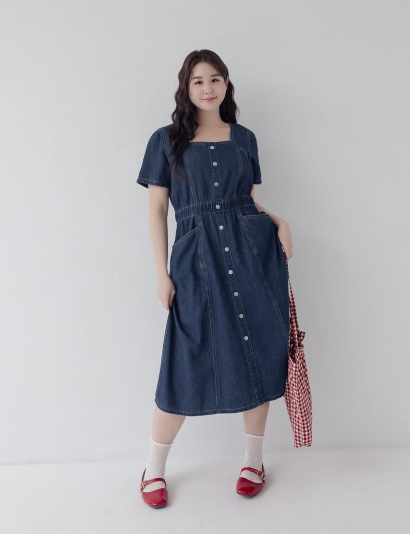 Square Neck Faux Button Elastic Waist Plus Size Denim Maxi Dress
