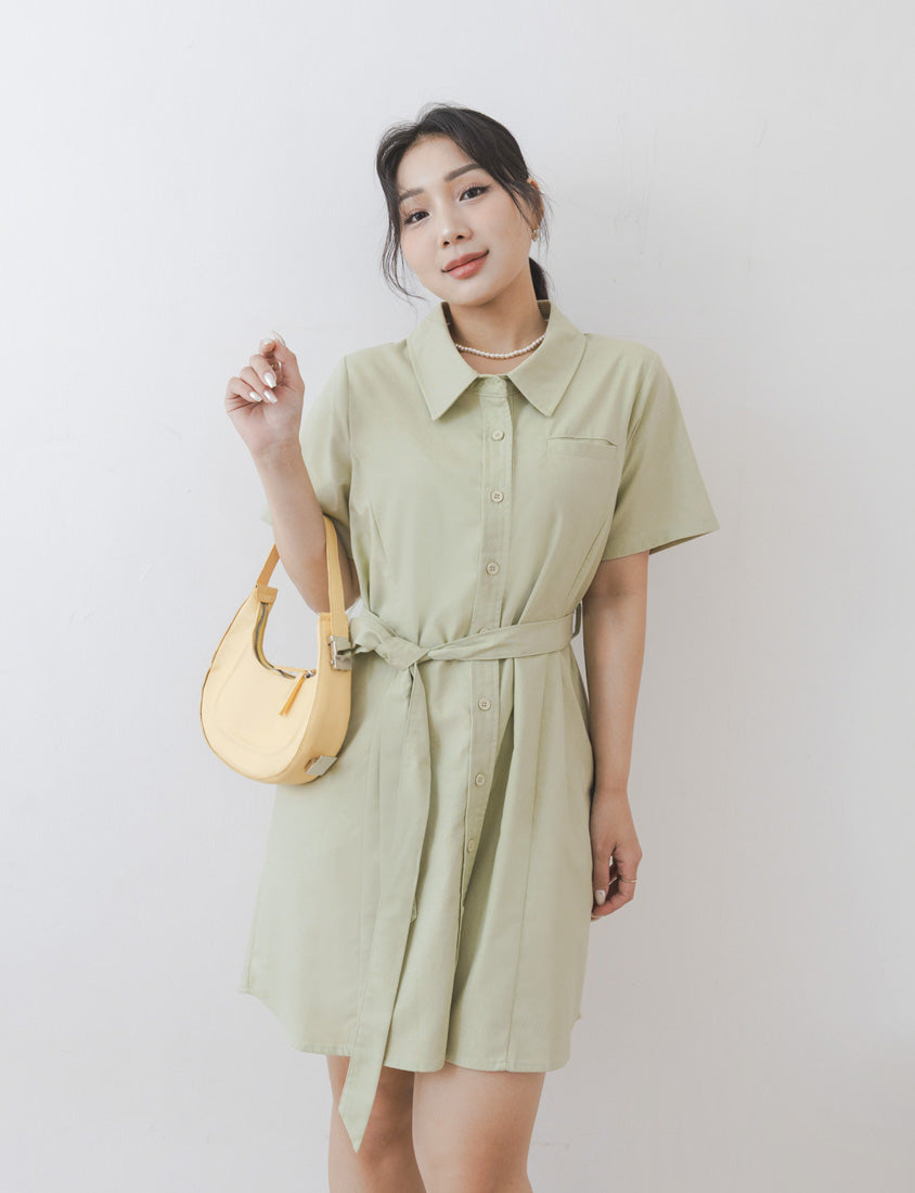 MISS. Korean-Style Button-Front Contrast Stitch Plus Size Dress (with Waist Tie)