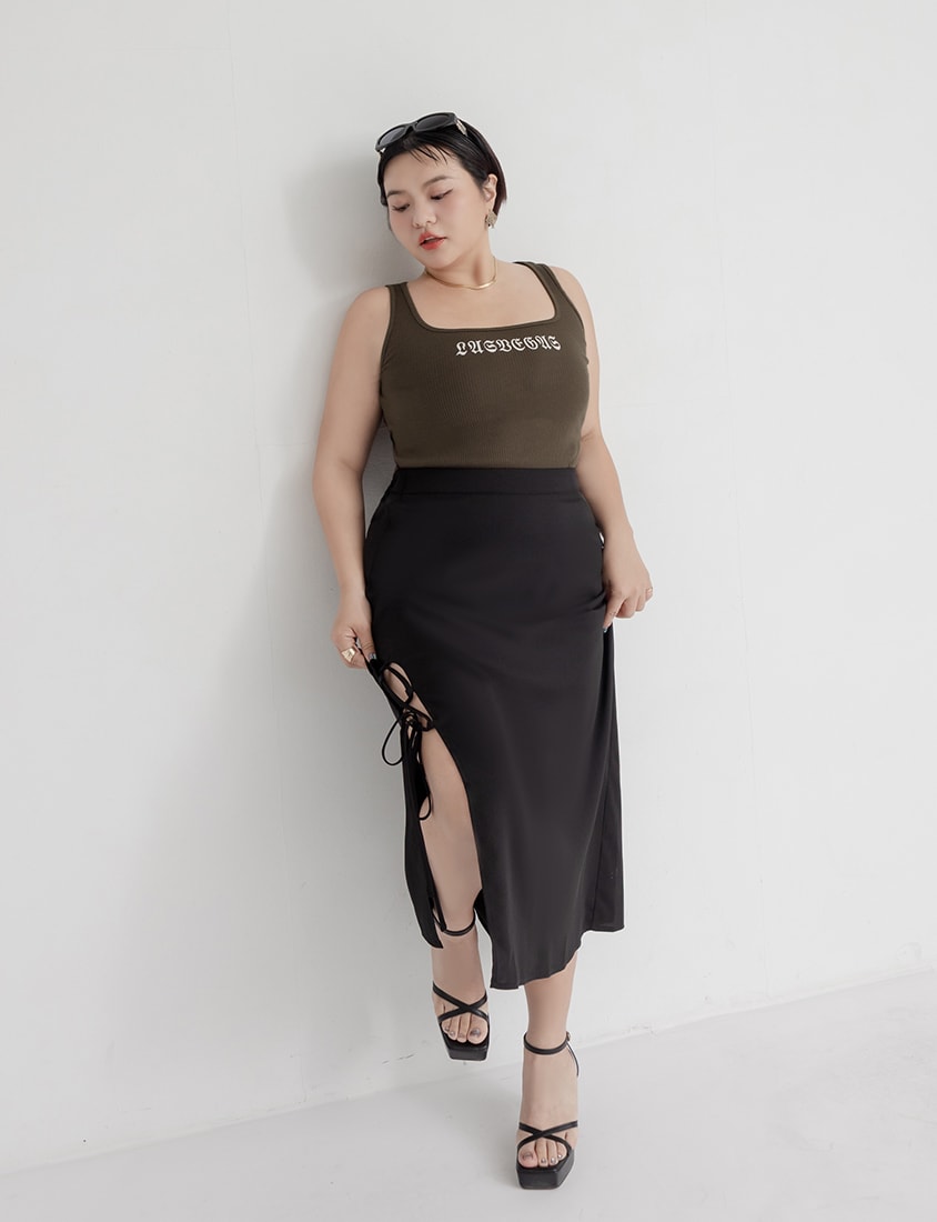 MUA! Hot Side Tie Elastic Back Waist Plus Size Maxi Skirt (with Belt)