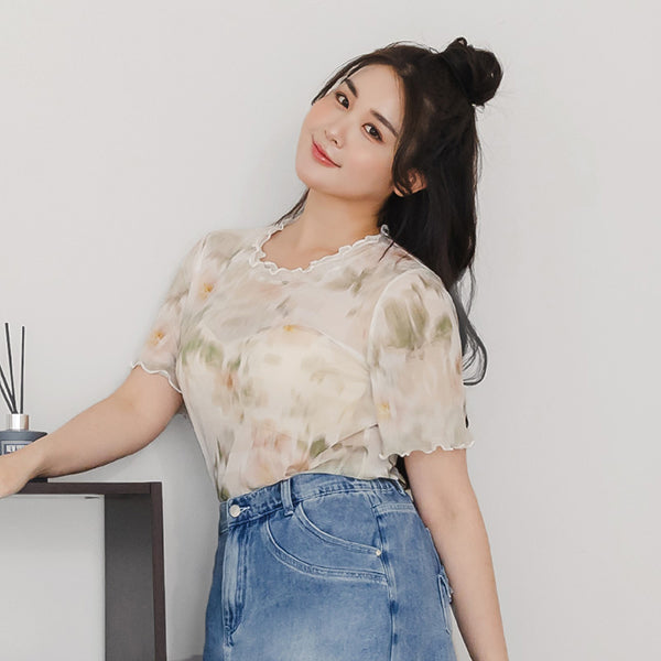 Double Layered Ruffle Sheer Stretch Plus Size Top