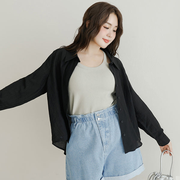 Crinkled Texture Sheer Tie-Back Plus Size Long Sleeve Shirt
