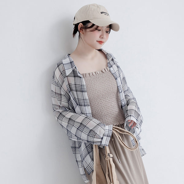 Crinkled Texture Sheer Plaid Plus Size Long Sleeve Shirt
