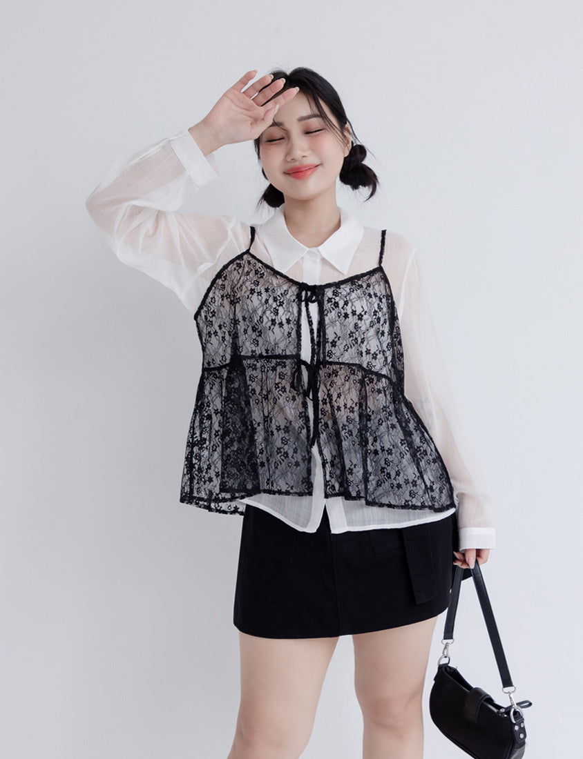 Crinkled Texture Sheer Plaid Plus Size Long Sleeve Shirt