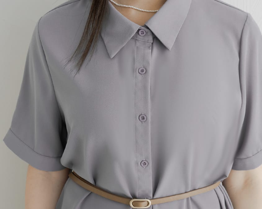 MISS. Button Twill Collar Plus Size Short Sleeve Dress (with Belt)