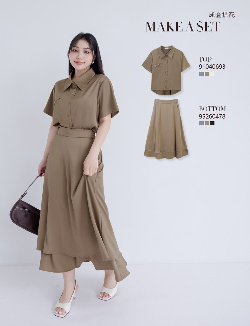 MISS. Elegant Pleat-Back Satin Plus Size Pocket Shirt