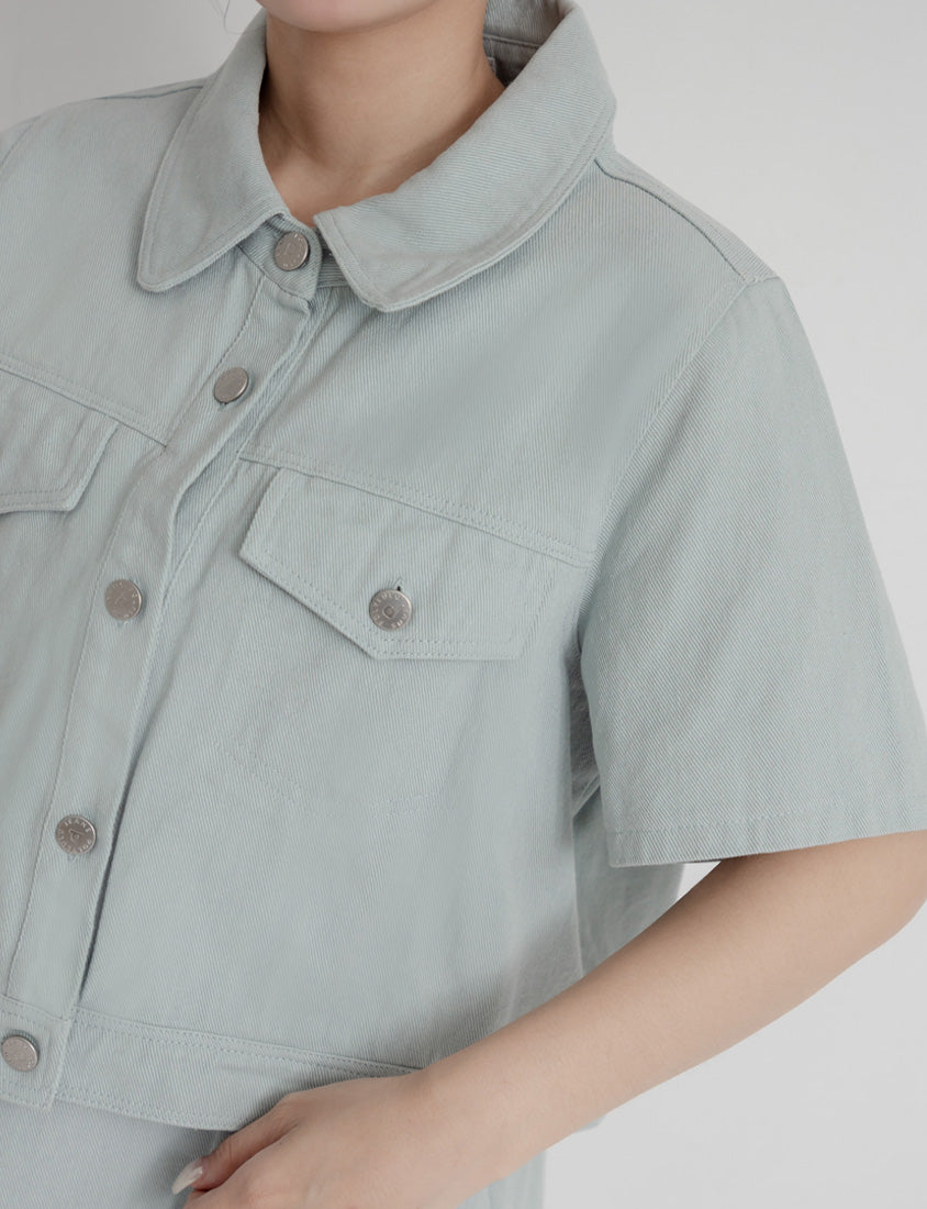 Korean Style Twill Button-Down Plus Size Short Sleeve Jacket