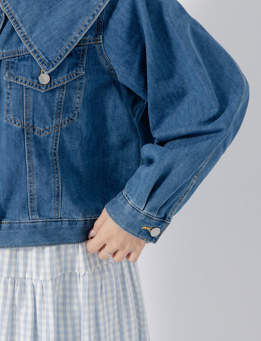 Korean Style Statement Collar Button-Down Plus Size Denim Jacket