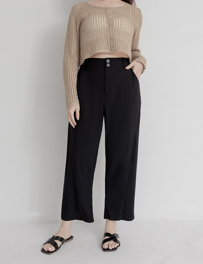 Knit Eyelet Hollow Faux Button Plus Size Top