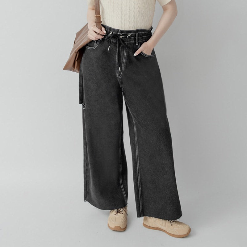Edgy Contrast Drawstring Plus Size Distressed Jeans