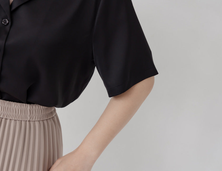 MISS. Glossy Satin Cuban Collar Plus Size Shirt With Floral Buttons
