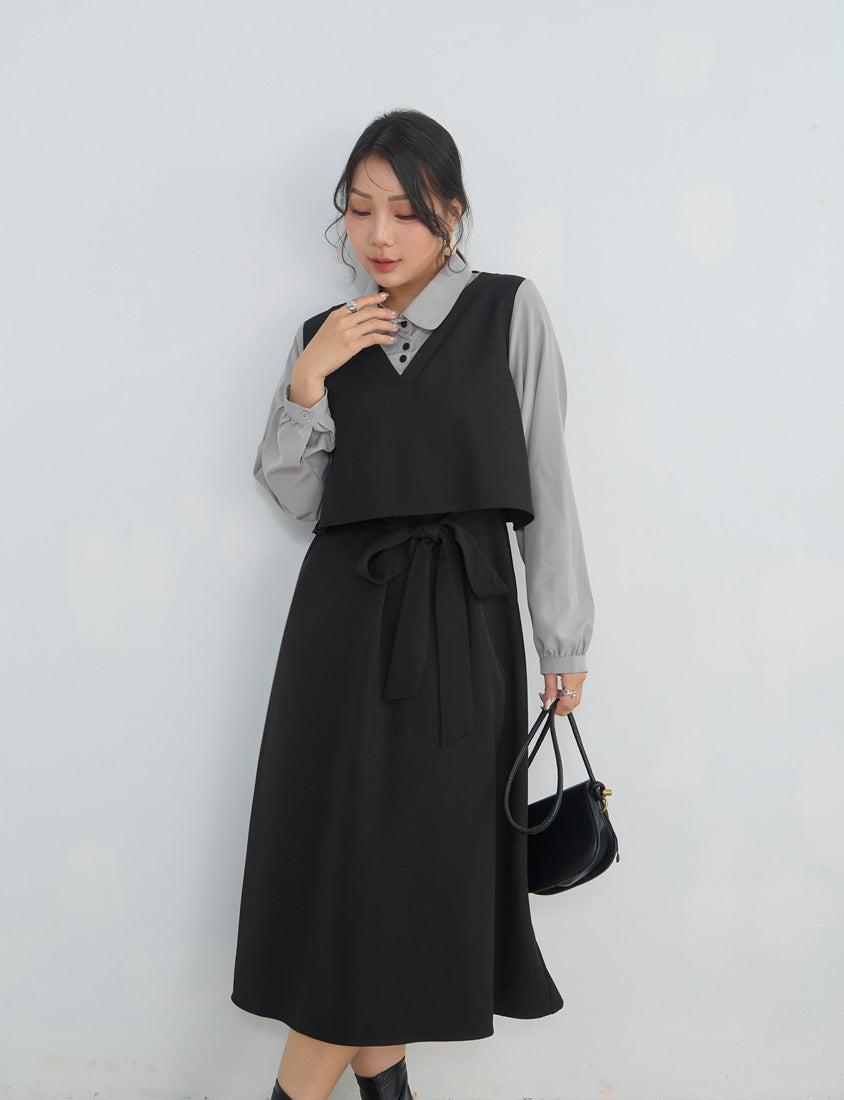 MISS. Contrast Faux Two Piece Waist Tie Plus Size Maxi Dress