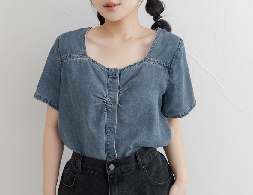 Front Ruched Button-Up Plus Size Denim Top