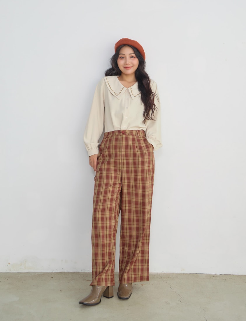 Contrast Embroidered Oversized Collar Plus Size Long Sleeve Shirt