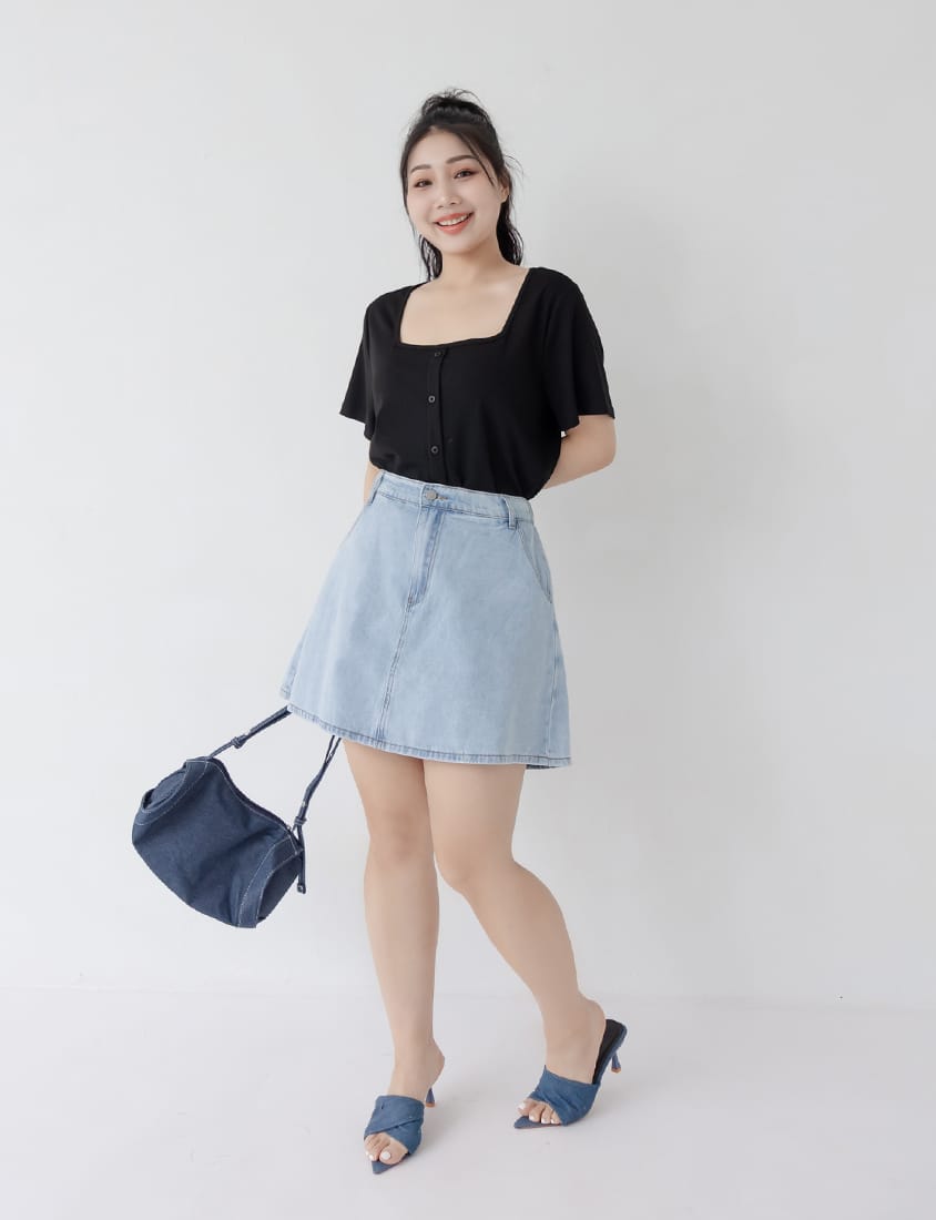 Multi-Color Ribbed Square Neck Faux Button Plus Size Top