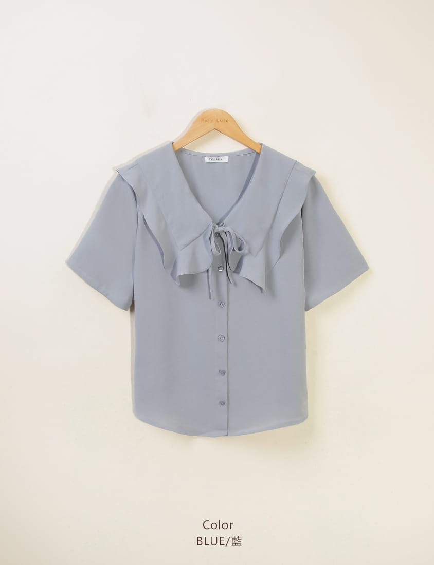 MISS. Heart Buttons Front Tie Ruffle Collar Plus Size Blouse