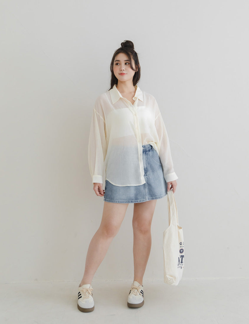 Flowy Crinkled Sheer Plus Size Blouse (With Tie)