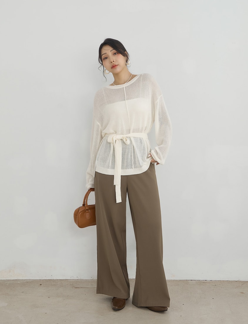 MISS. Korean Sheer Knit Plus Size Long Sleeve Top (with Waist Tie)