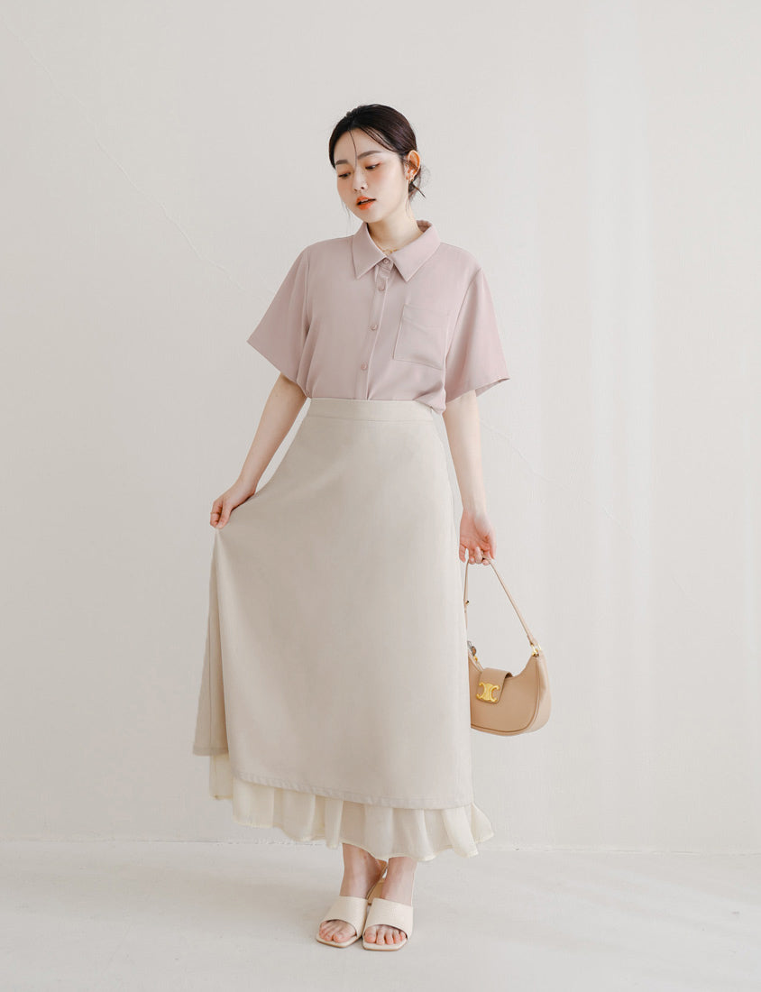 MISS. Back Elastic Waist Slit Multi-Layered Plus Size Maxi Skirt