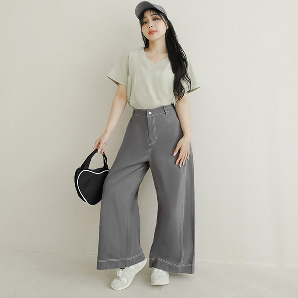 Color-Block Stitched Twill Cotton Straight-Leg Plus Size Pants