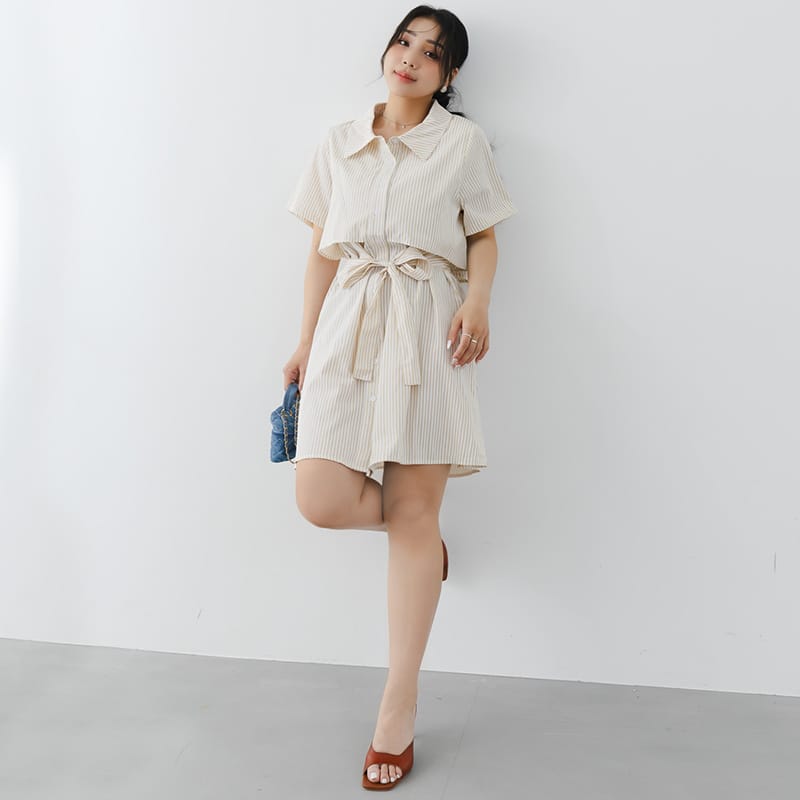 MISS. Japanese Style Striped Layered Plus Size Shirt Dress (with Belt)